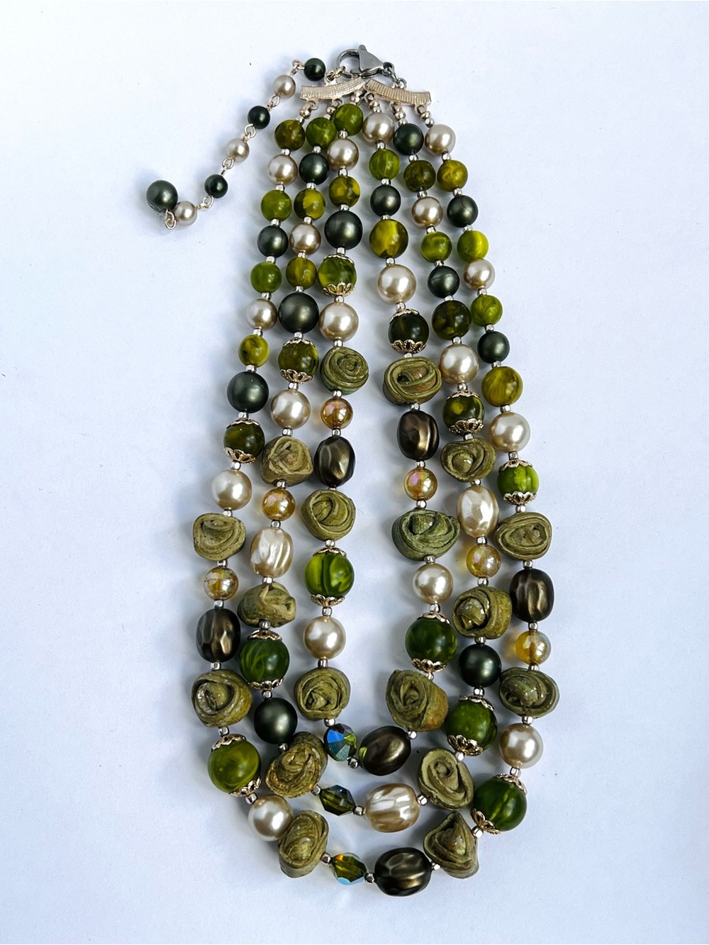 Boho Vintage Multi-Strand Green Pearl & Rose Beaded Necklace 17"+3"